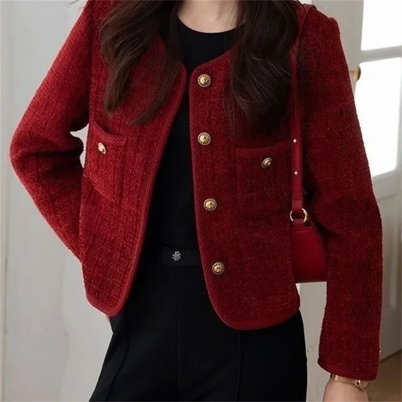 Outerwears Womens Jacket Jackets Burgundy Coat Spring and Autumn Temperament Joker Socialite Tweed 241011