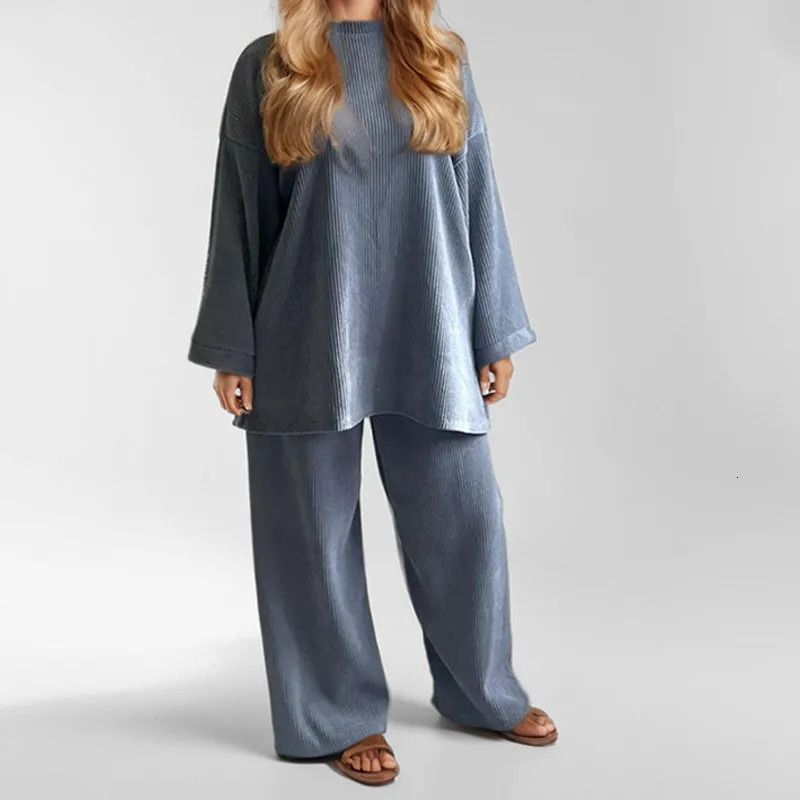 Two piece womens pants set for autumn and winter Corduroy casual solid round neck zipper loose long sleeved 241008