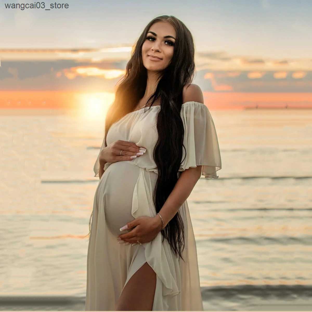 Maternity Dresses Slash Neck Summer Chifffon Maternity Dresses See Through Ruffles Maternity Photoshoot Maxi Dress Sides Slit L240910