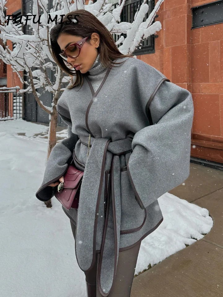 Elegant Contrast Loose Womens Coat With Belt Vneck Long Sleeve Pockets Casual Oversize Coats 2024 Autumn Lady Street Outerwear 240930