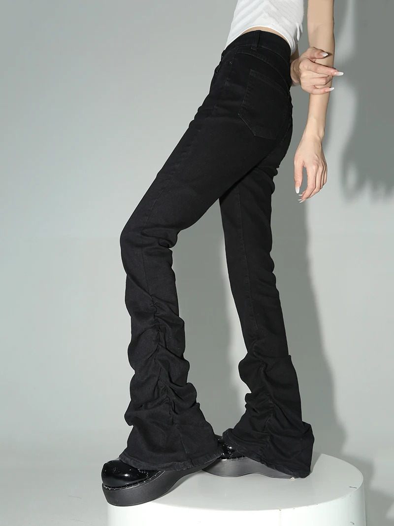 REDDACHiC Black Ruched Flare Jean Solid Stretch Bootcut Stacked Pants High Rise Trousers Harajuku Goth Grunge Y2k Clothes 241009