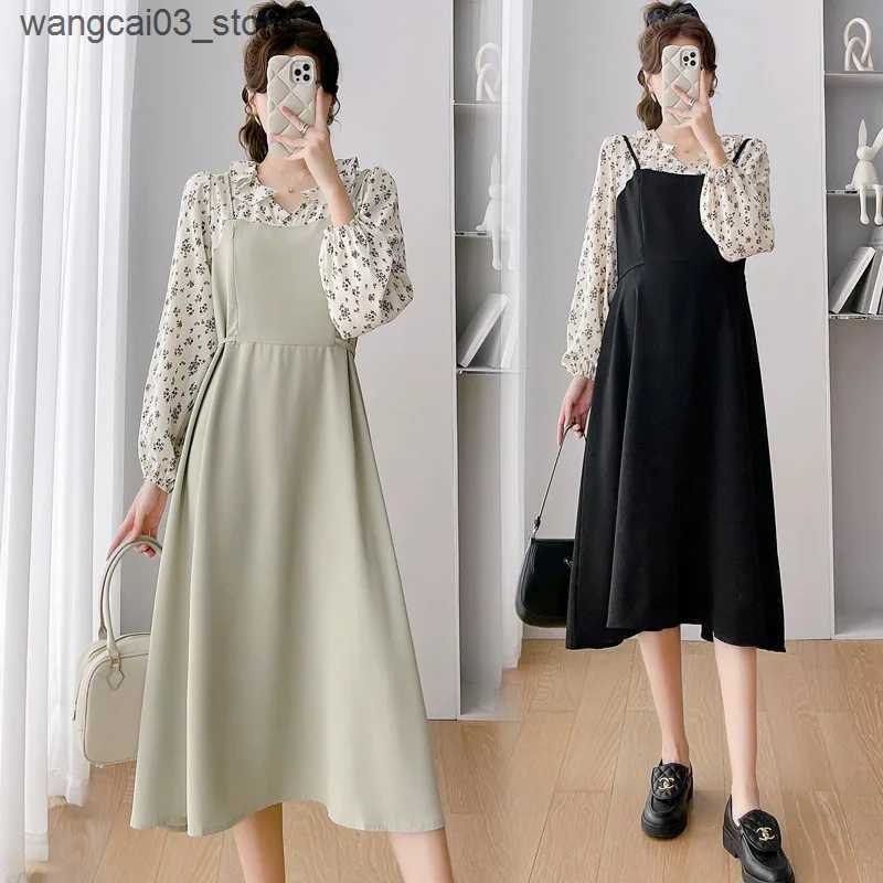 Maternity Dresses Postpartum Woman Lactation Dress Spring Autumn Floral Long Sleeve Patchwork Maternity Nursing Dress Chiffon Breastfeeding Dress L240