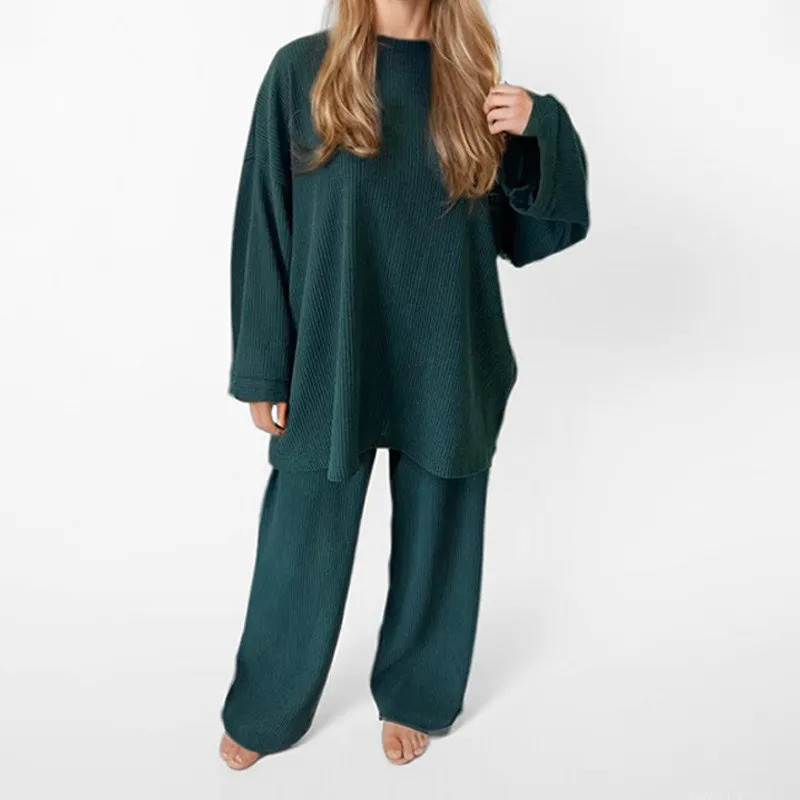 Two piece womens pants set for autumn and winter Corduroy casual solid round neck zipper loose long sleeved 241008