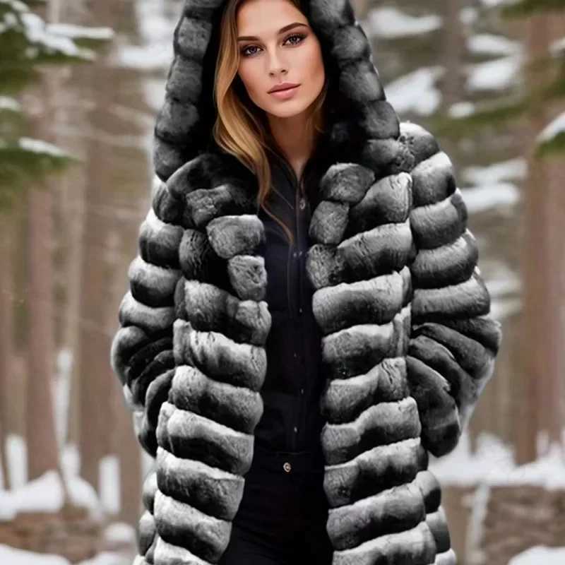 Womens faux fur coat hooded coat thick and warm elegant splicing autumn and winter 2024 striped mid length jacket casual open seam W241010