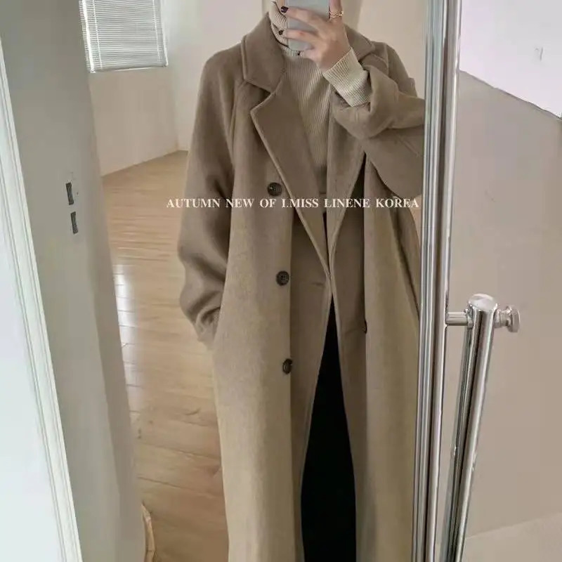 Blend Mid Length Wool Coats Splice Korean Jackets Turn Down Collar Full Sleeve Double Breasted Thick Autumn Winter 240930