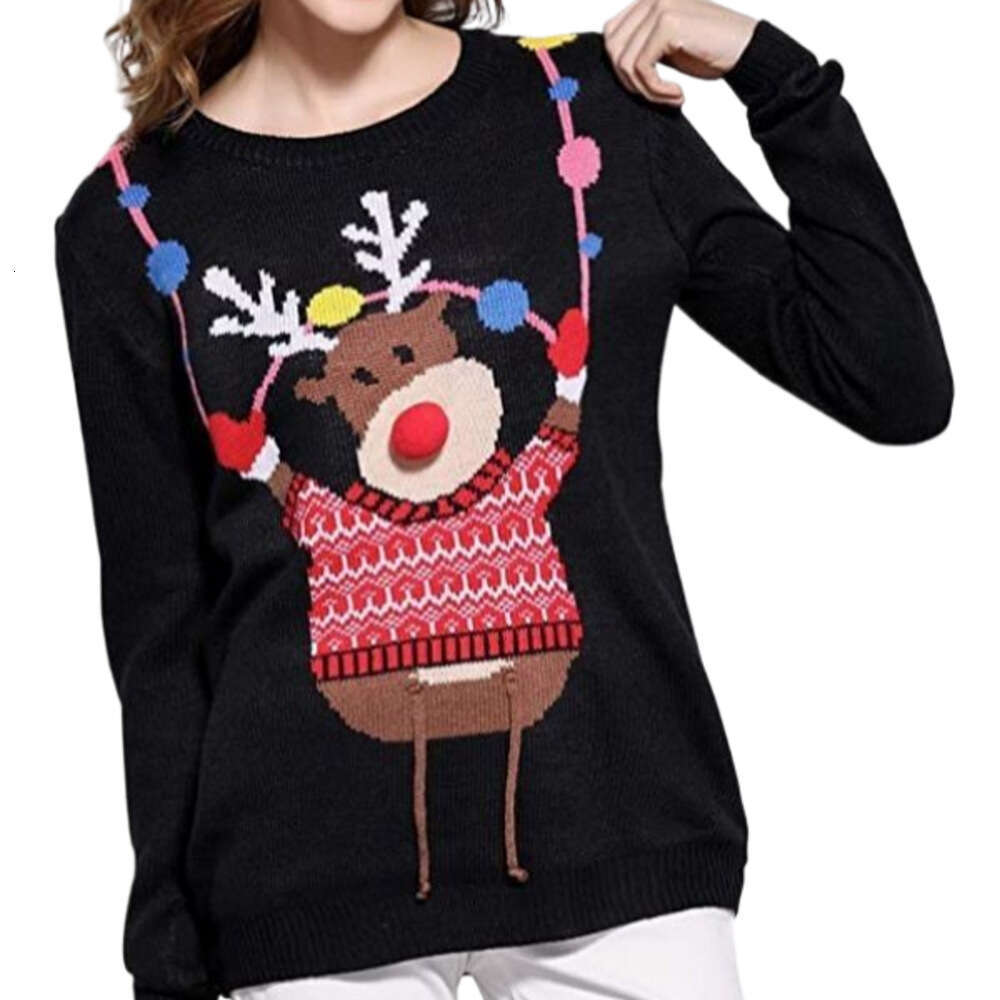 Cartoon jacquard reindeer Christmas sweater, round neck pullover, loose and lazy style women's knitted sweater