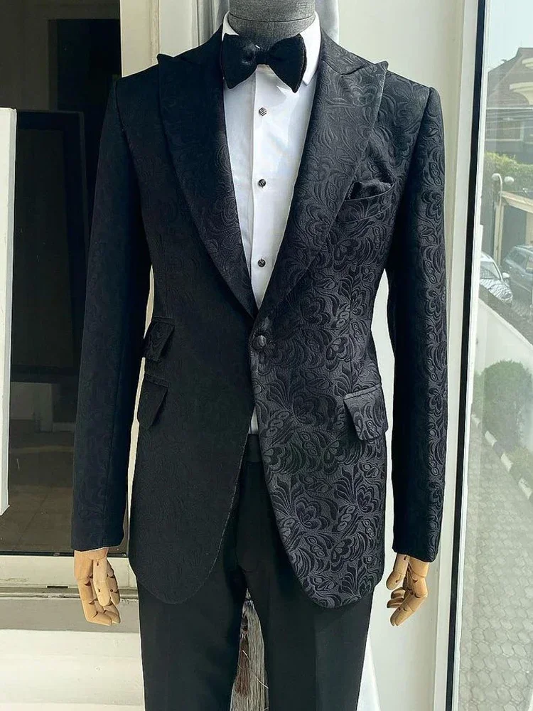 Floral Wedding Tuxedo For Groom 2 Pcs Custom Men Suits Slim Fit Peaked Lapel Custom Fashion Costume (Jacket + Pants) 2024