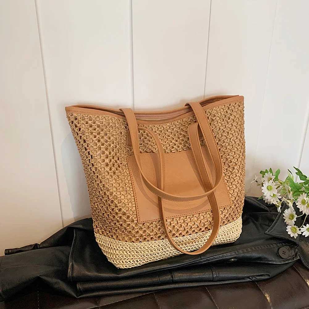 Womens crochet beach handbag PU patch work woven travel bag contrast color simple shoulder bag womens summer bag Y241011