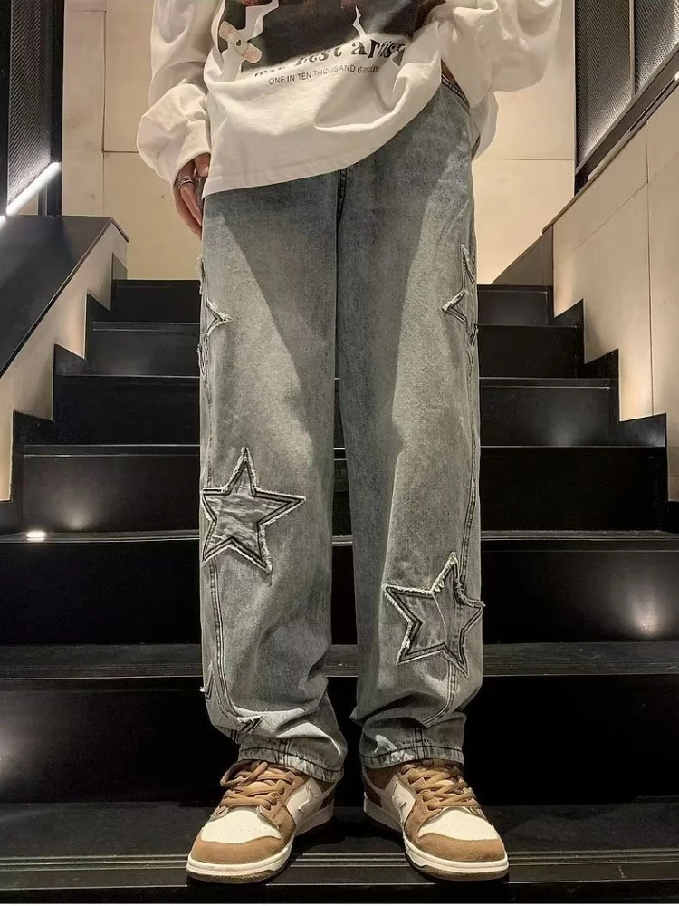 Star Embracery Straight Casual Mens Jeans Gothic Neutral Wide Leg Loose Hip Hop Fashion Youth Street Clothing Cowboy Trousers Y2K 240930