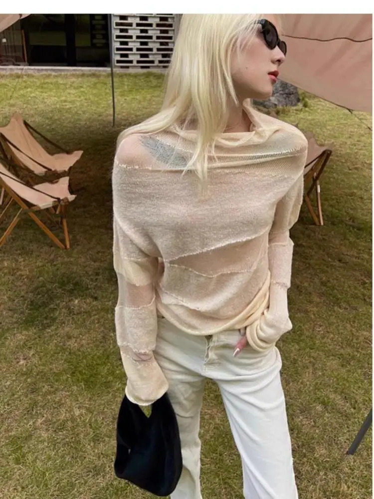 Yedinas Loose Patchwork Hollow Out Knitted Tops Long Sleeve Autumn Streetwear Thin Sweater Women Pullovers Ladies Jumper 241011