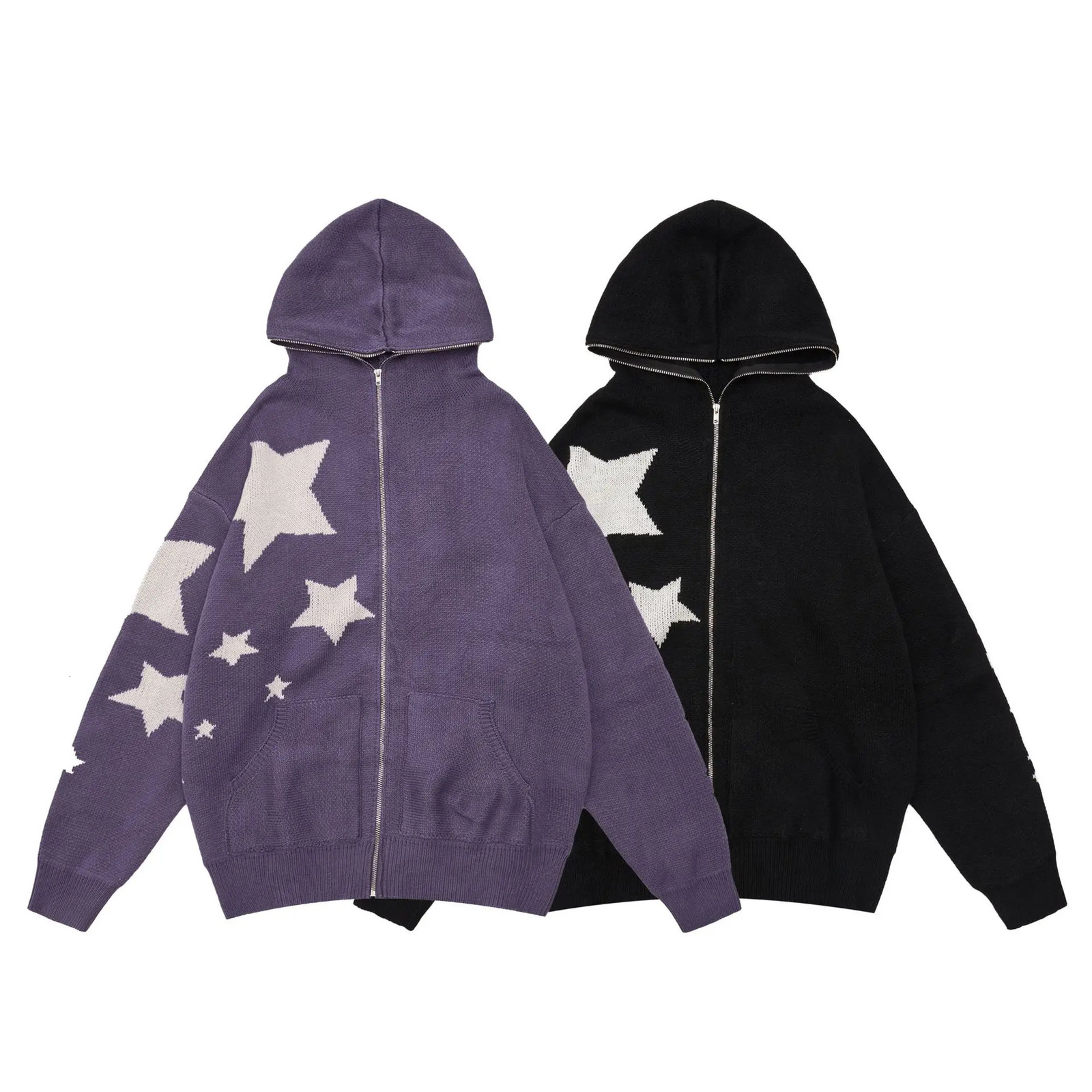 HOUZHOU Y2K celebrity hooded cardigan knitted sweater mens autumn streetwear hip-hop long sleeved jump jacket zipper jacket mens 241007
