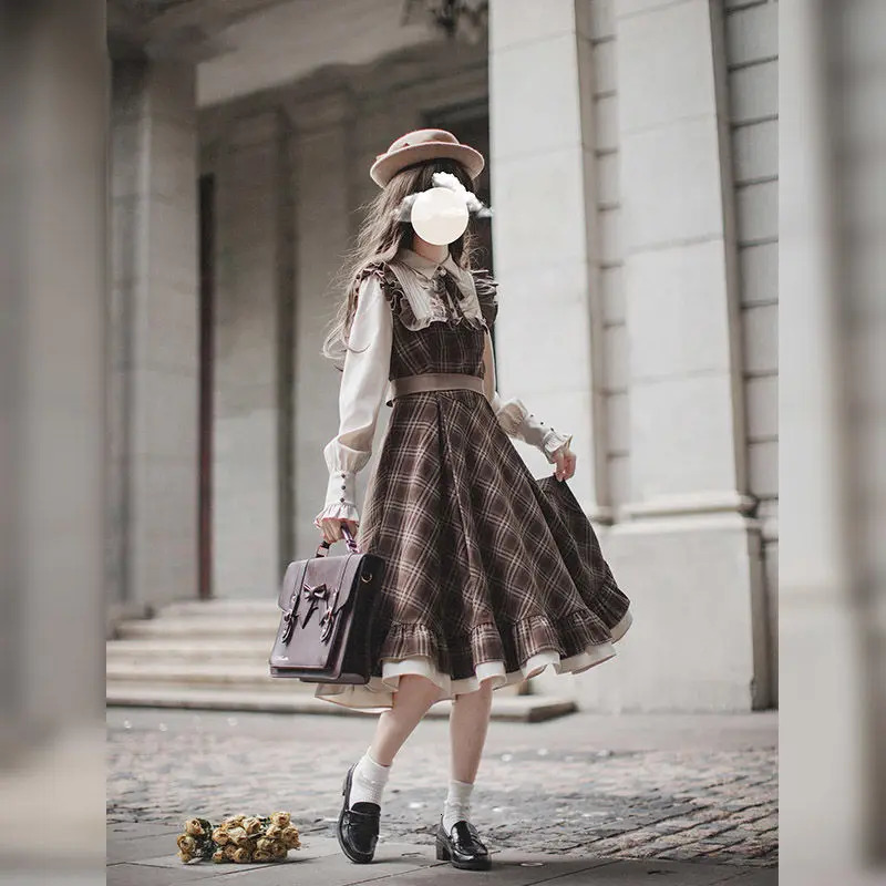 Coalwell military plaid coarse woolen womens clothing autumn and winter vacation two pieces literary sweet retro style long womens clothing 241010