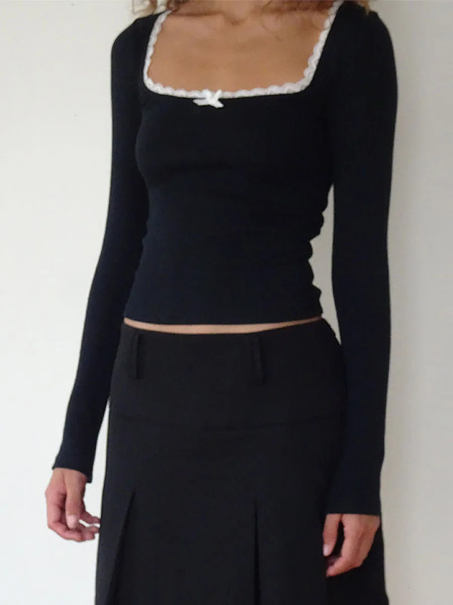 Autumn Y2k Bow Crop Top Women Long Sleeve Square Neck T Shirts Sexy Slim Fit Baby Tees Ribbed Knit Shirt Streetwear 241011