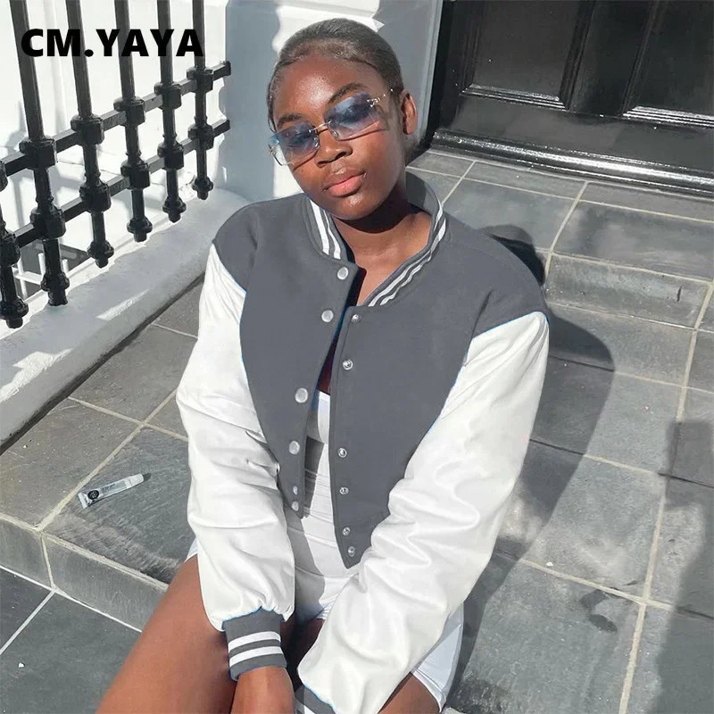 CM.YAYA Womens Autumn Winter Long sleeved Sports Baseball Jacket Autumn Street Clothing PU Leather Patch Work Jacket Coat 241011