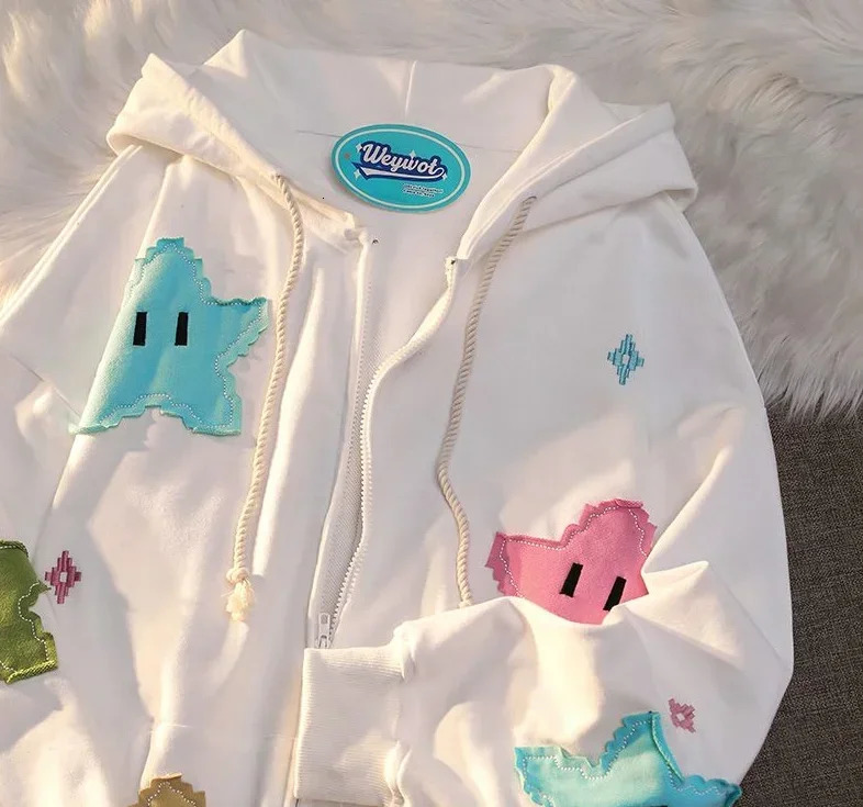 British Gothic punk style printed star patch embroidery mens and womens hooded cardigan Harajuku retro oversized batwing sleeve top 241011