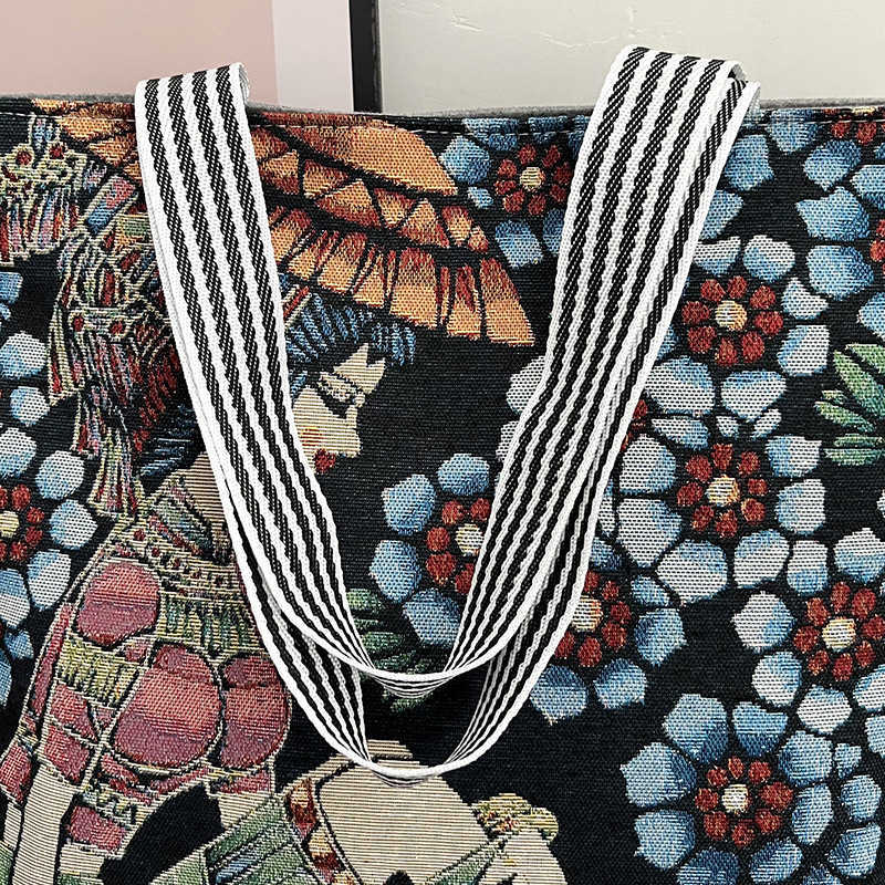 women's bag, embroidered fashion trend, large capacity canvas bag, shopping and working women's shoulder bag 241015