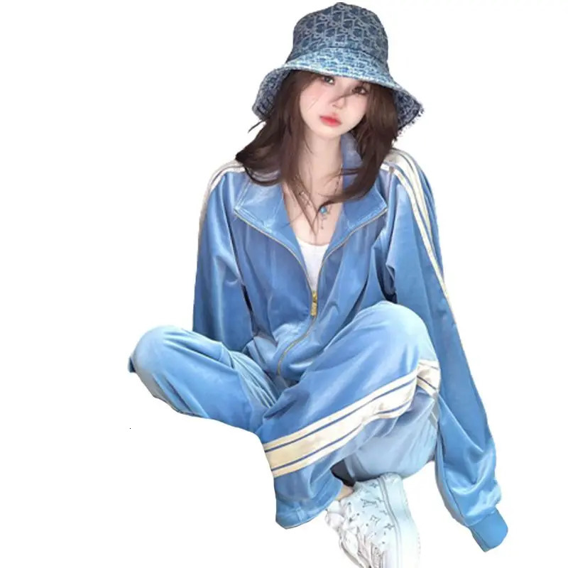 Golden Velvet Sports Set Womens SpringSummer Fashion Retro Casual Hoodie Zipper Jacket Wide Leg Pants Two Piece 241008
