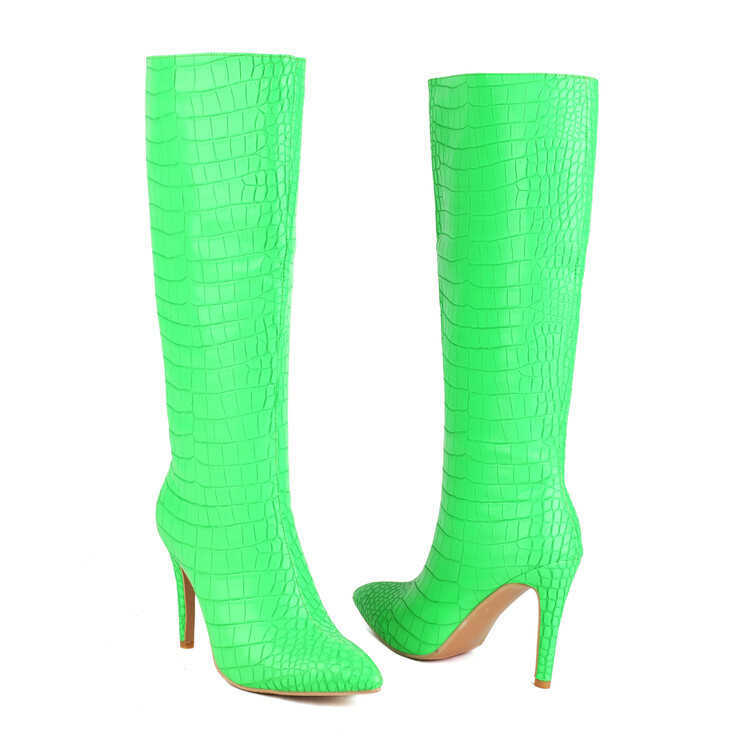 Winter Pointed Fashion Boots Thin Heel High Heel Boot Crocodile Sleeve Large Knee High Boots Leather Women Woman Shoes 240826