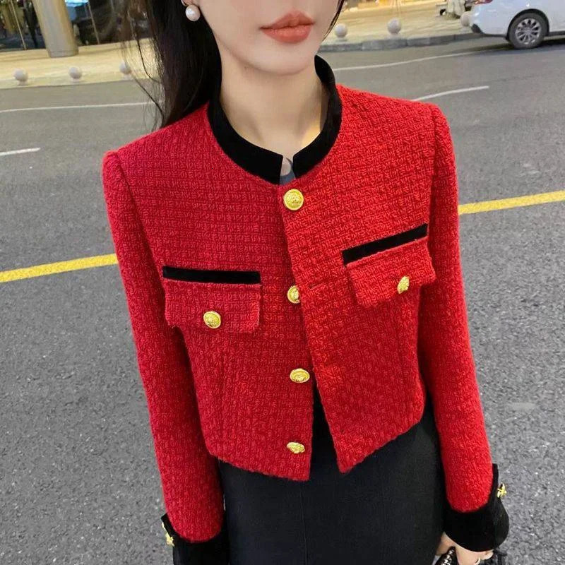 Simple coarse tweed short sleeved womens retro stand up collar single chest solid long sleeved jacket Korean womens casual top jacket 240930