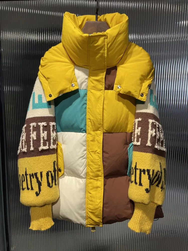 Fashion Street Clothing Letter Splicing Inflatable Jacket Womens Loose Park Winter Thick 90% Duck Down Coat 241010