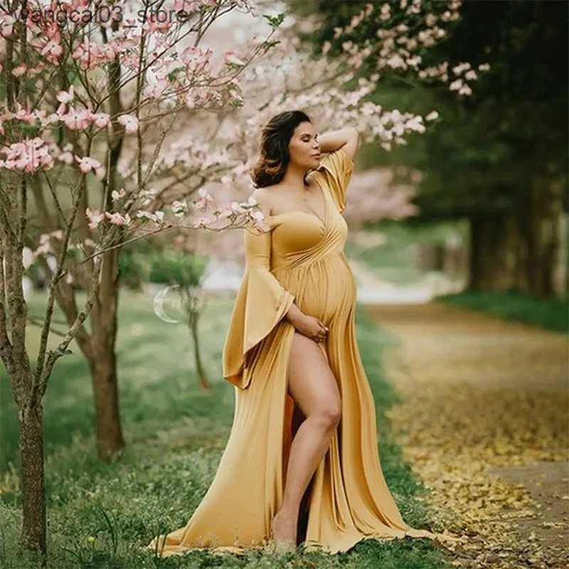 Maternity Dresses Flare Sleeve Maternity Dresses Photoshoot Slit Long Vestidos Shoulderless Baby Shower Dress for Pregnant Woman Photo Session L240910