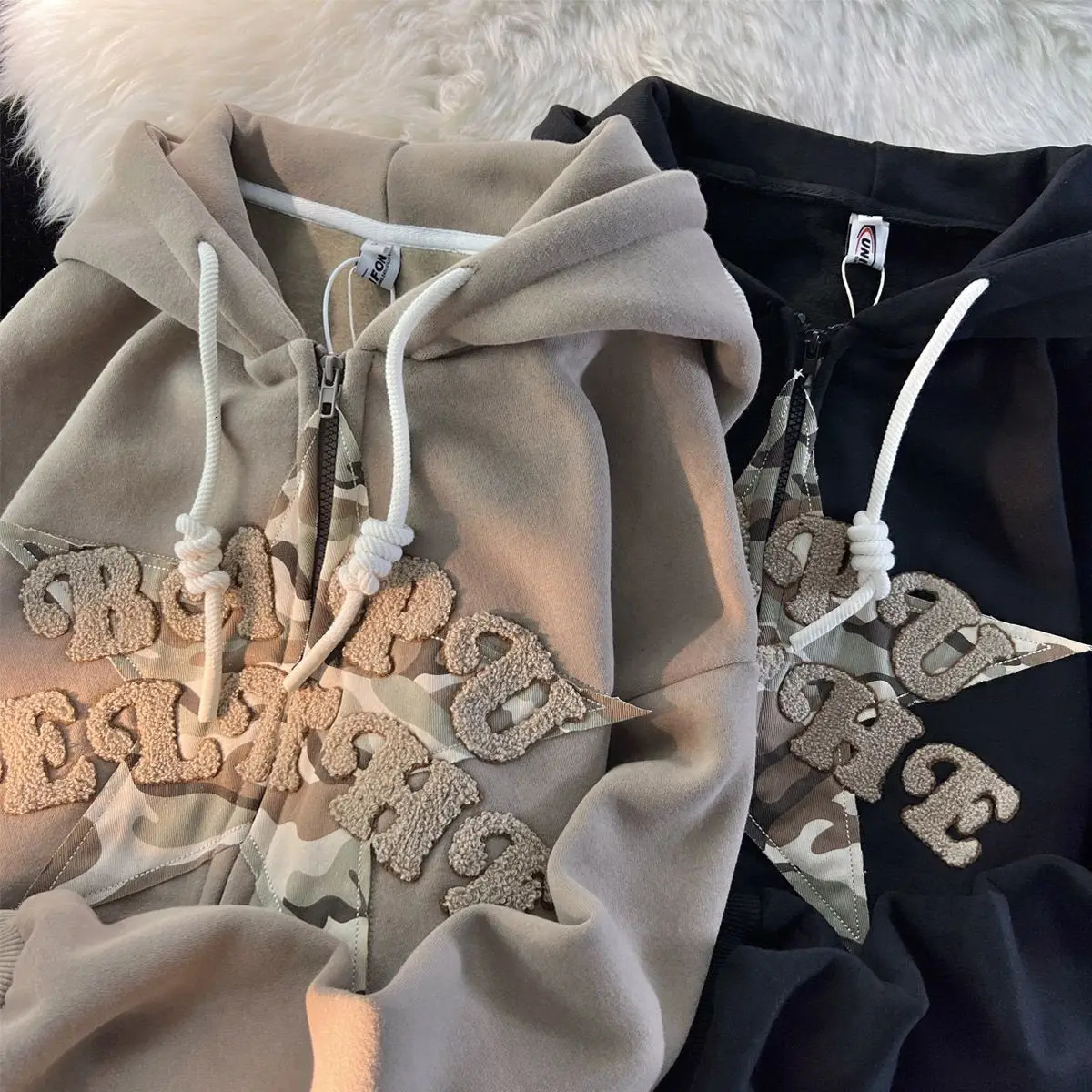 American flocking patch star hoodie womens Y2K street hip-hop loose sportswear couple casual zipper hoodie cardigan unisex jacket 241011