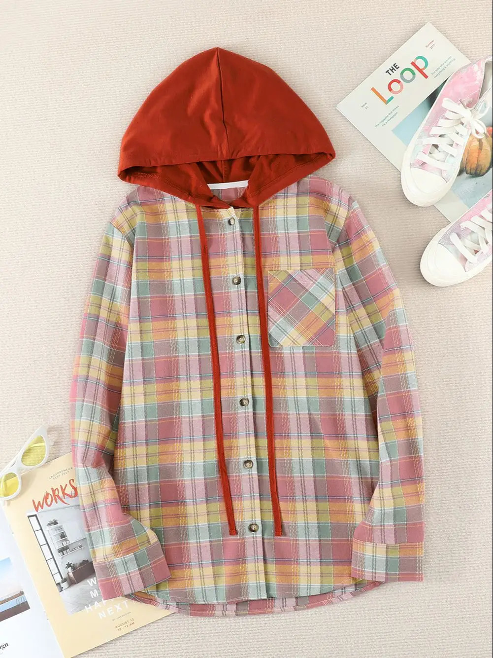 Women Autumn Hooded Collar Plaid Sweatshirt Drawstring Loose Casual Hoodies Button With Chest-pocket 240919