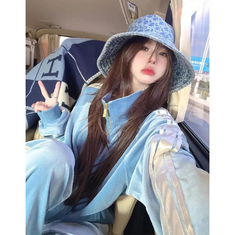 Golden Velvet Sports Set Womens SpringSummer Fashion Retro Casual Hoodie Zipper Jacket Wide Leg Pants Two Piece 241008