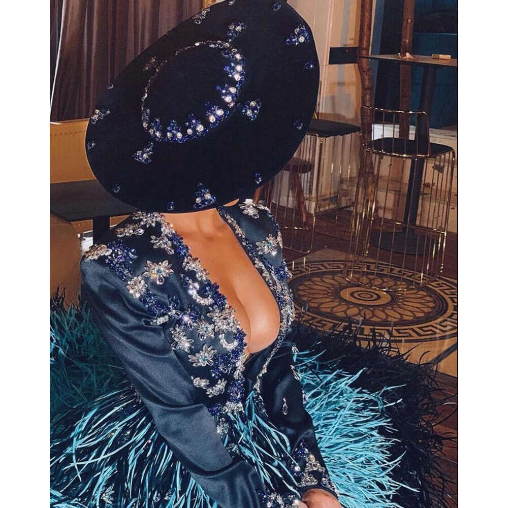 Unique Mix Color Feather A-e Evening Dresses 2024 Saudi Arabic High Side Split Crystal Formal Gowns Full Sleeves Prom Dress