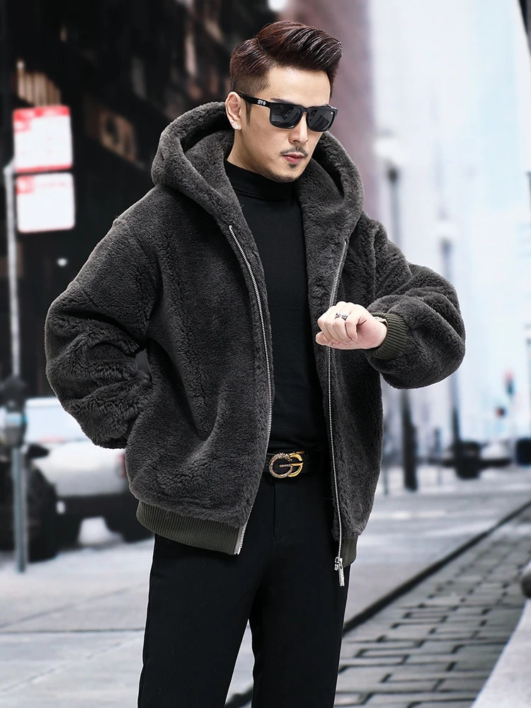 Leather fur coat mens short thick warm loose hooded cashmere sheepskin integrated jacket autumn winter fashion casual high-end 240927