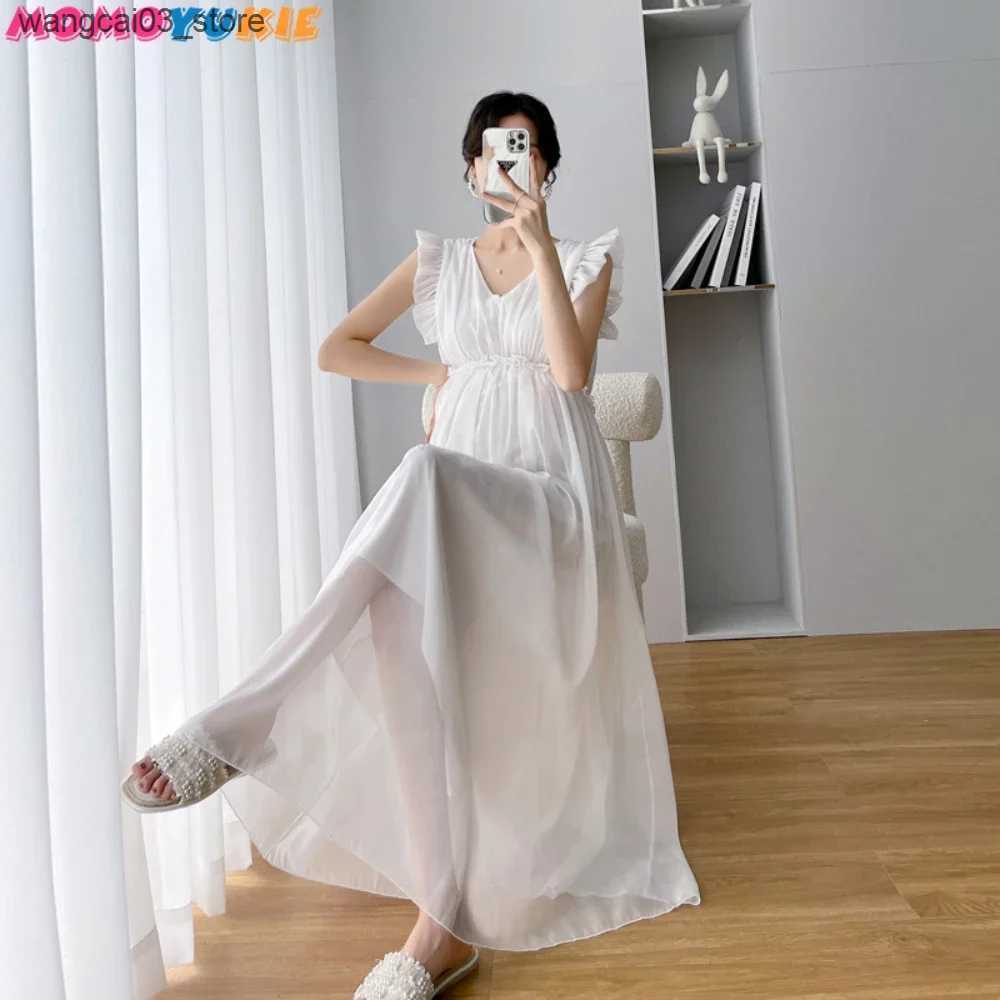 Maternity Dresses Summer Party Dresses Maternity Fairy Dress Petal Sleeve High Waist V-neck Pregnant Women Dress Sleeveless Princess Chiffon Dress L24