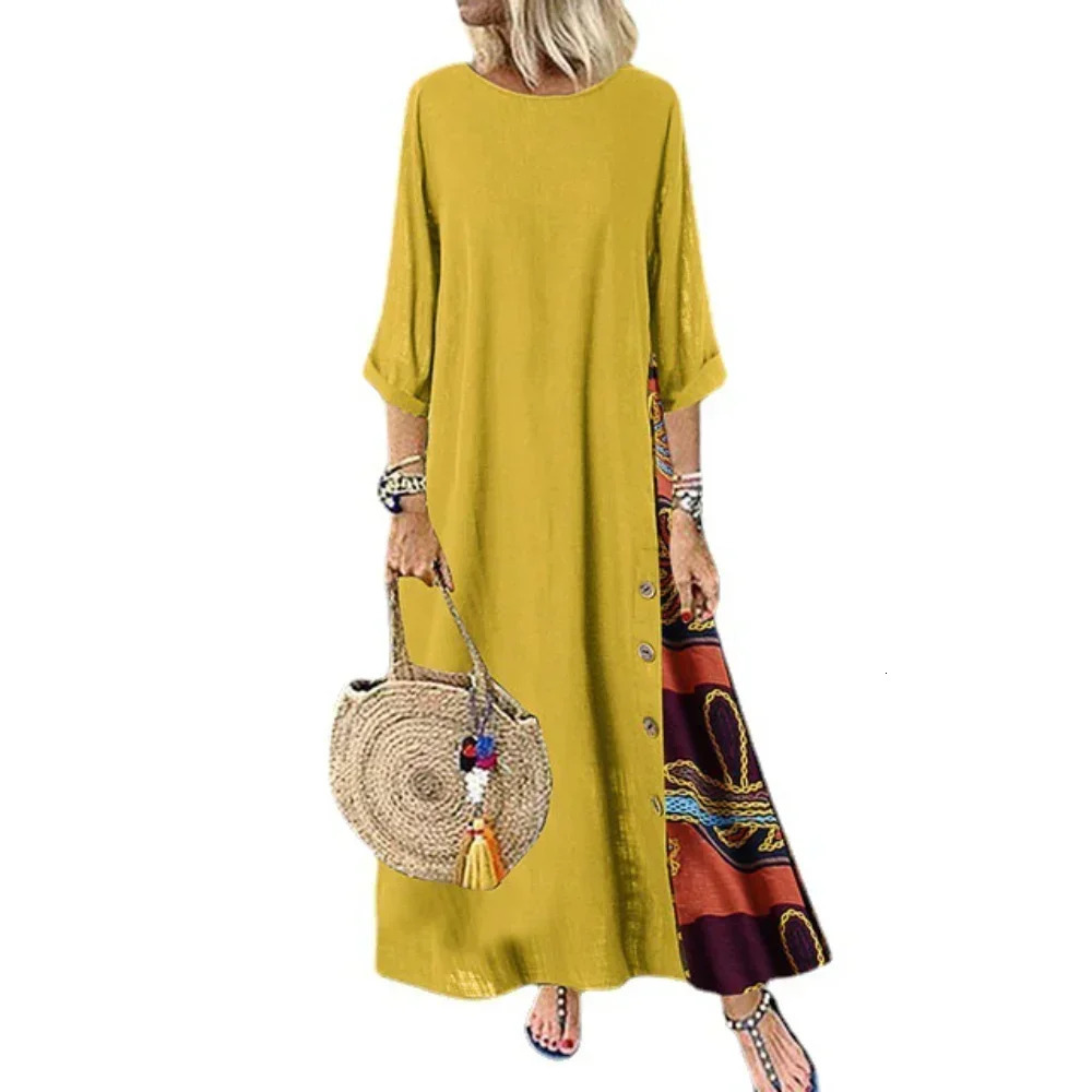 Summer vintage Maxi dress womens loose fashion ethnic style casual womens dress long robe womens cotton linen long skirt 241010