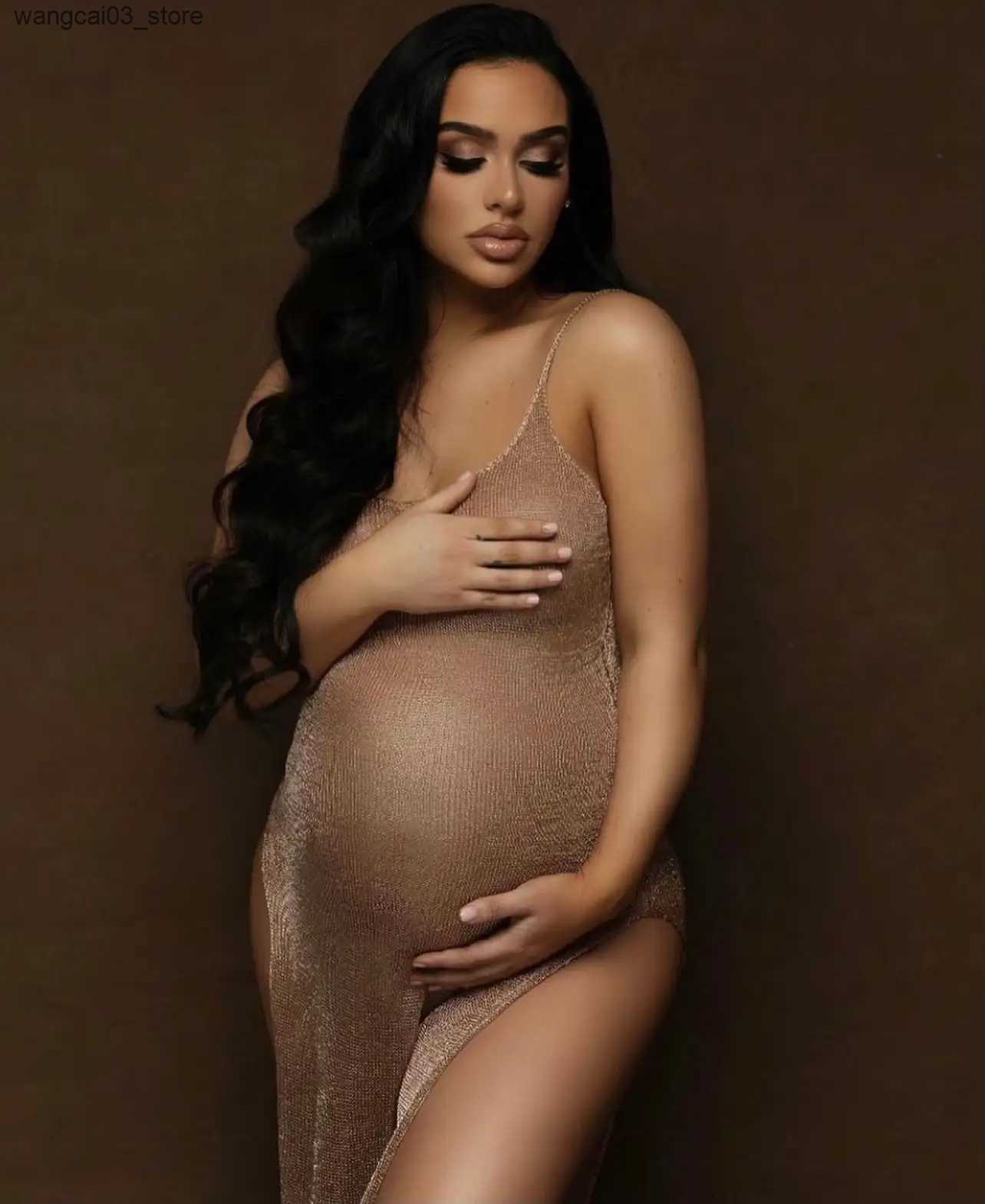 Maternity Dresses Maternity Dresses for Photo Shoot Pregnancy Dress Photography Shoot Gold Knitted Robe Clothing Props L240910