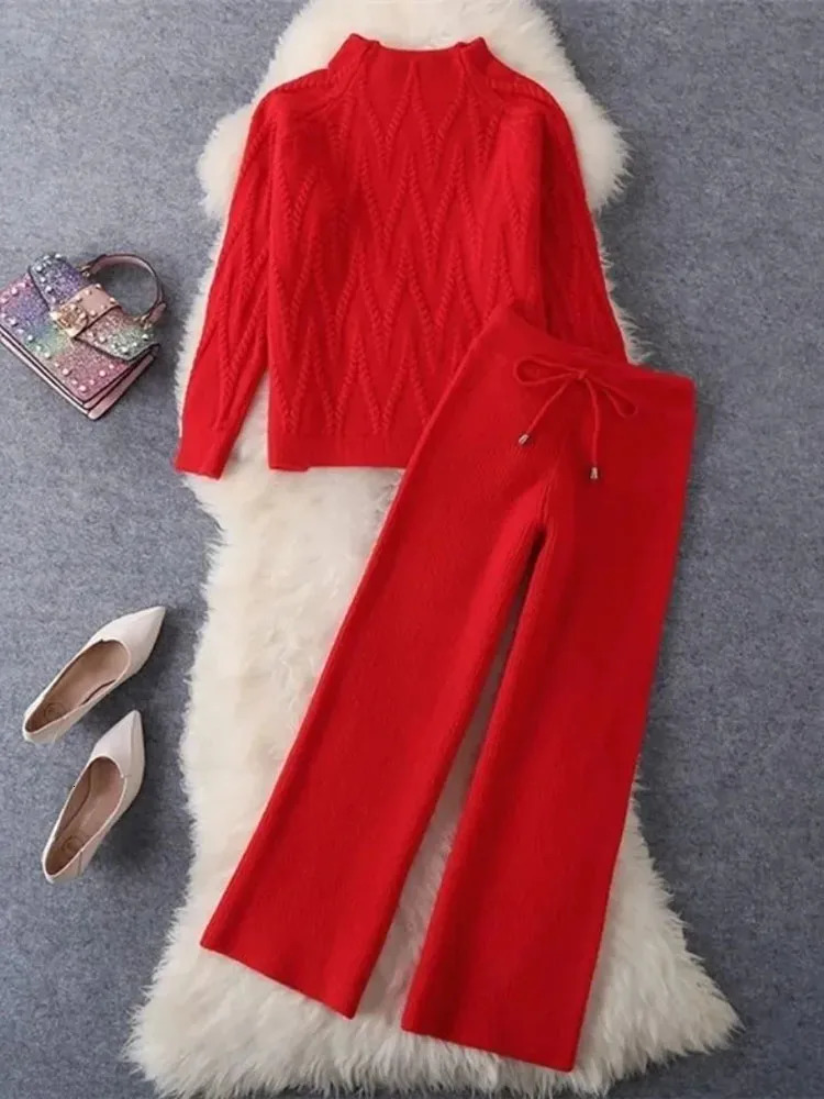 Winter and autumn knitted 2-piece set semi high neck warm sweater set wide leg loose pants set solid color soft Korean track and field suit 241010