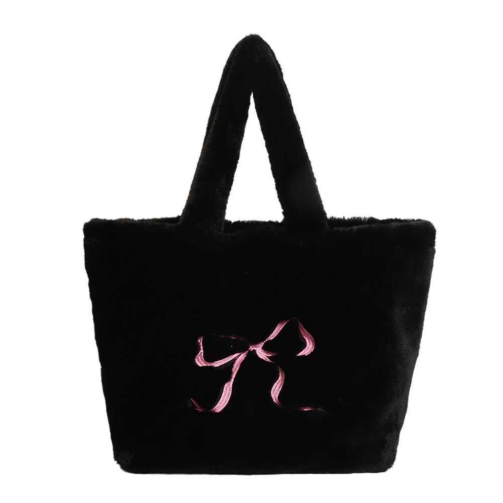 Ladies Plush Shoulder Bag Fuzzy Top Handle Large Capacity Slouchy Hobo Solid Color Fluffy Bow Handbag Daily Commuting 241011
