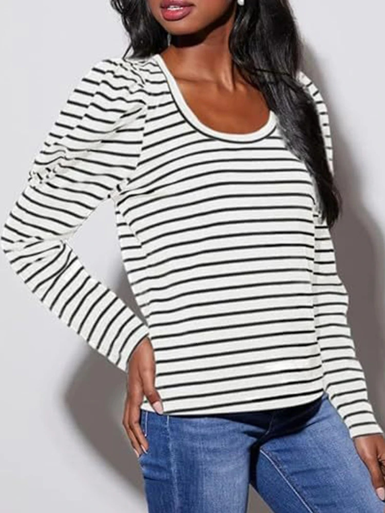 Womens Long Sleeved Round Neck Puff Sleeve T-Shirt European And American Black White Striped Puff Sleeve Casual Fall Streetwear 241011