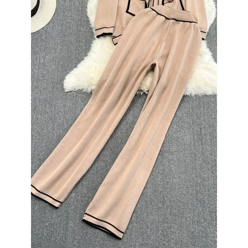 Fashion womens autumn long sleeved lace top Vneck knitted cardigan jacketwide leg pants twopiece set N242 241008