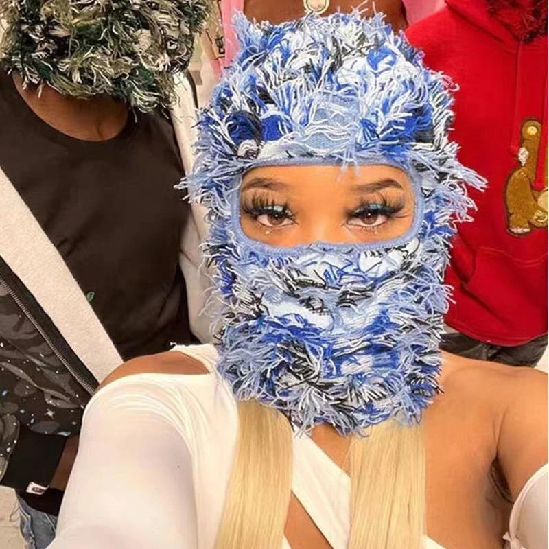 Balaclava Distressed Ski Mask Knitted Beanies Hat Camouflage Skulls Elastic Winter Warmth Full Face Goggles 241009