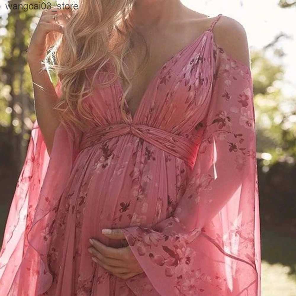 Maternity Dresses Maternity Dress for Photoshoot Women Summer Floral Thin Chiffon Ankle-Length Dresses Pregnancy Sukienka Female Belly Beach Dress L24