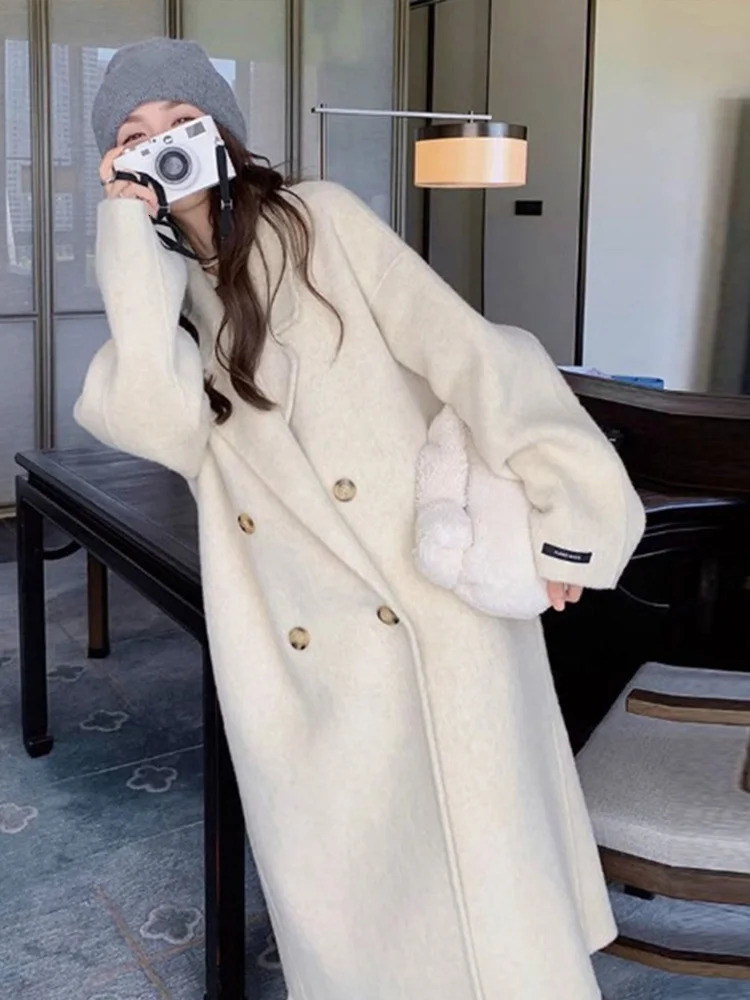 Korean double breasted long jacket for womens casual loose solid collar wool jacket for womens winter full matching chic streetwear 241007
