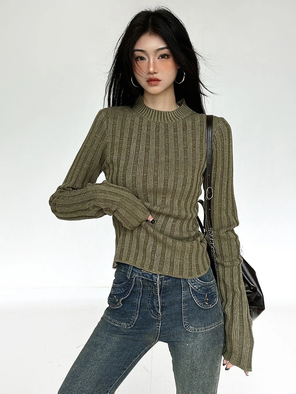 Deeptown Vintage Green Crop Sweater Women Fairy Grunge Striped Pullover Casual Slim Knitted Jumper Harajuku Fashion Sueter Mujer 241011