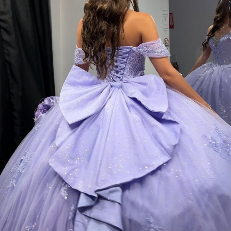 Lavender Shiny Quinceanera Dresses Ball Gown Off The Shoulder Lace Applique Beads Tull Sweet 16 Dress Mexican Birthday Vestidos De 15 Anos
