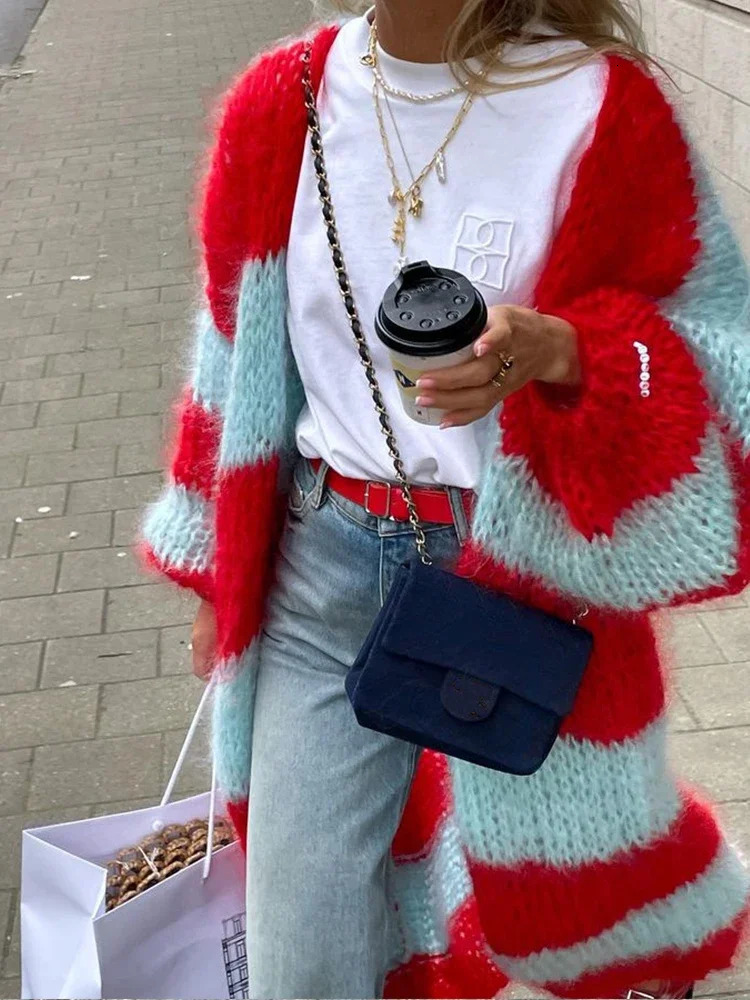 Fashion Stripe Long Cardigan Sweater Women Lantern Sleeve Loose Oversize Knitted Coat Autumn Lady Chic Streetwear Overcoat 241007