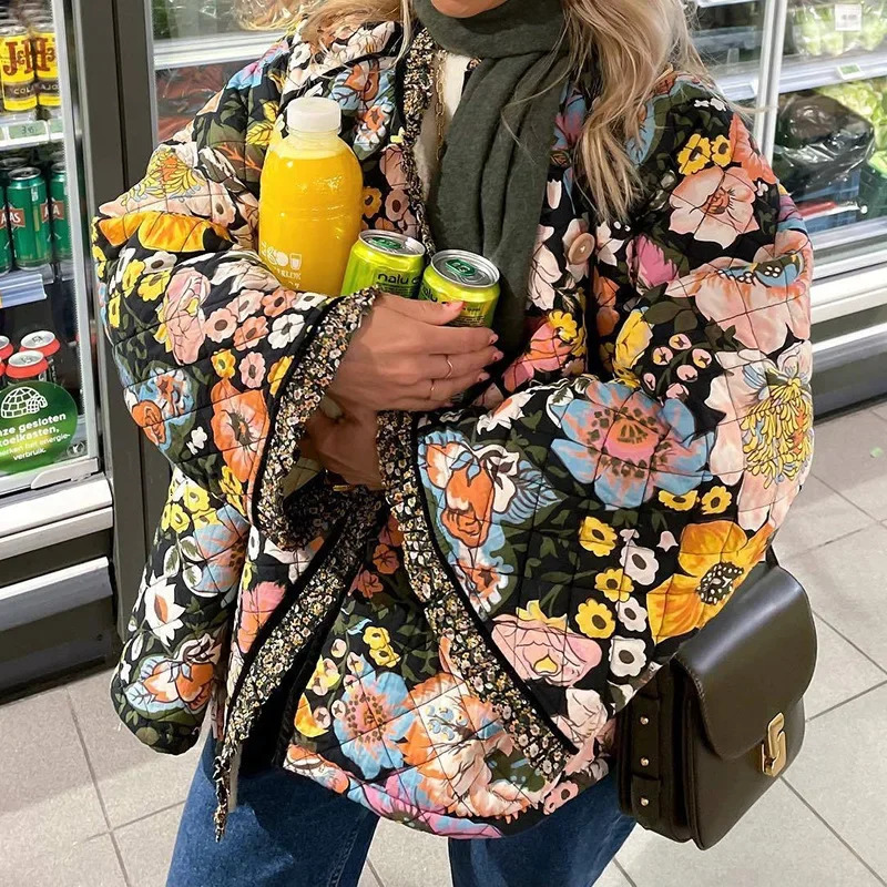 Vintage floral printed cotton coat womens wool thick warm long sleeved quilted jacket autumn and winter clothing 241010