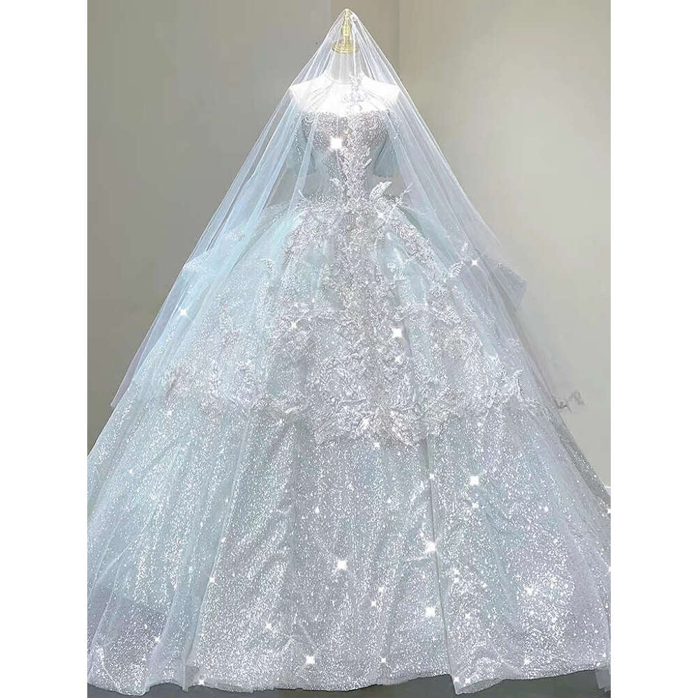 Light Blue Wedding Dresses Off The Pearl Sleeveless Shiny Beading Sexy Backless Sweep Train Bridal Gowns Boat Neck