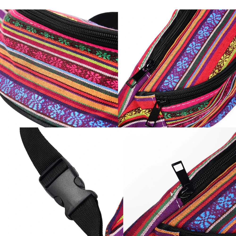 Annmouler Bohemian style womens waist bag fabric Fanny Pack high-quality retro phone bag 2 pockets travel waist bag 241008