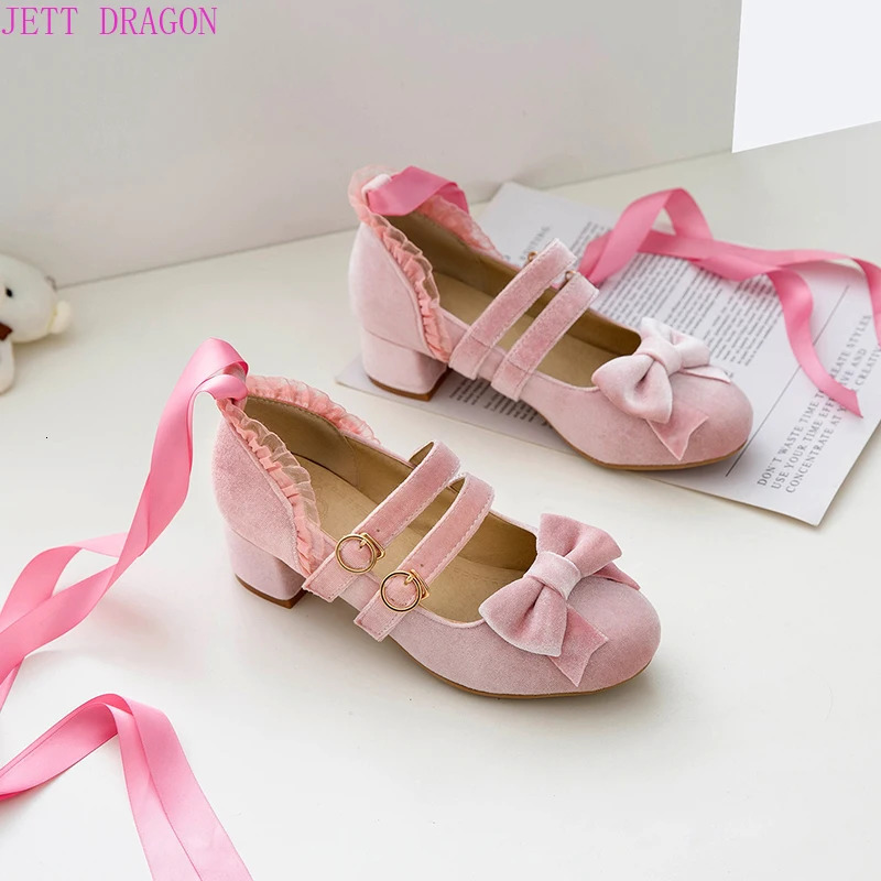 2025 new Spring Autumn Women Pumps Lolita Platform High Heels Red Lace Mary Jane Bow Block Heel Ladies Party Shoes 240927