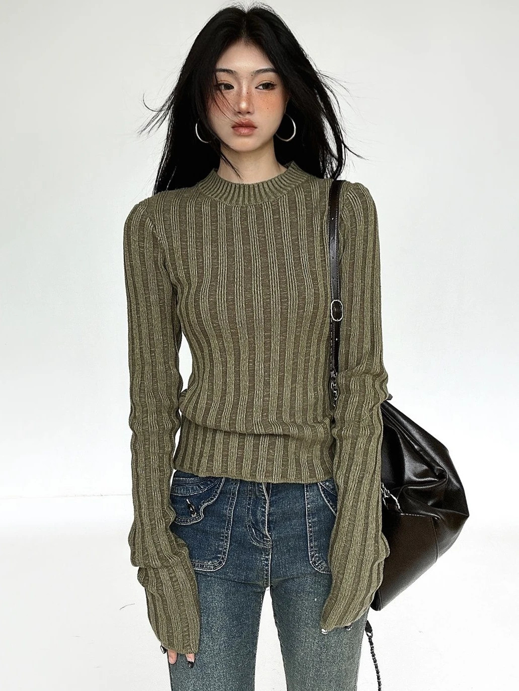 Deeptown Vintage Green Crop Sweater Women Fairy Grunge Striped Pullover Casual Slim Knitted Jumper Harajuku Fashion Sueter Mujer 241011