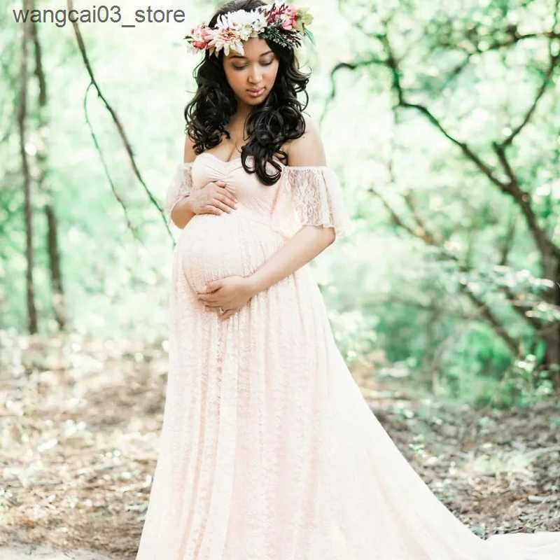 Maternity Dresses Sexy Lace Strapless Maternity Long Dress Pregnant Women Baby Showers Maxi Gown Pregnancy Summer Fancy Photography Props Clothes L240