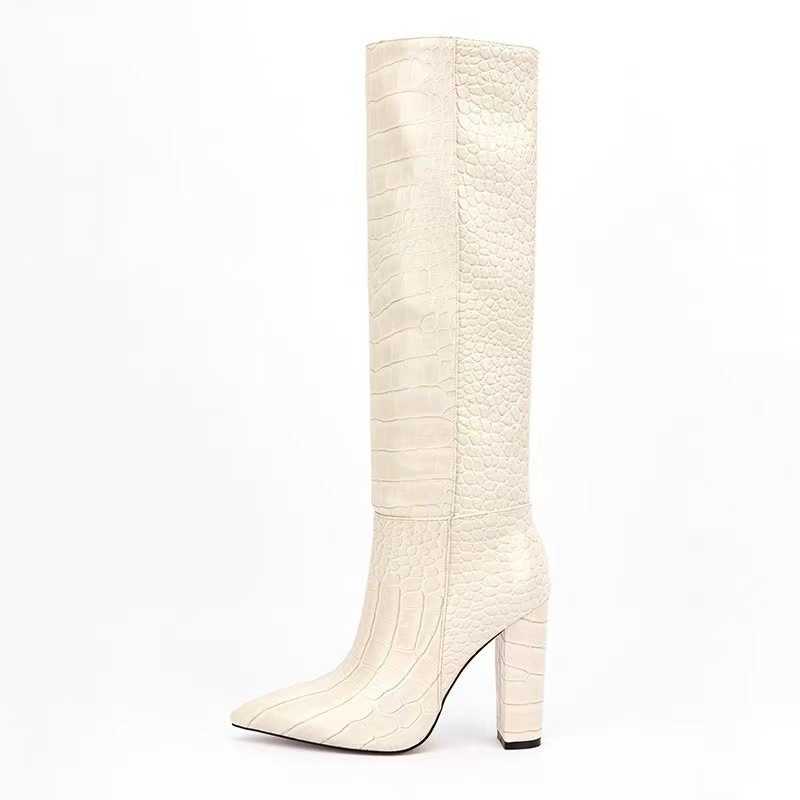 Women Fashion Boots Leather Womens Thick Heels Spring Autumn Crocodile Pattern Fashion Boots Thigh High Heels High Knee Boots Long Boots Fashion Shoes